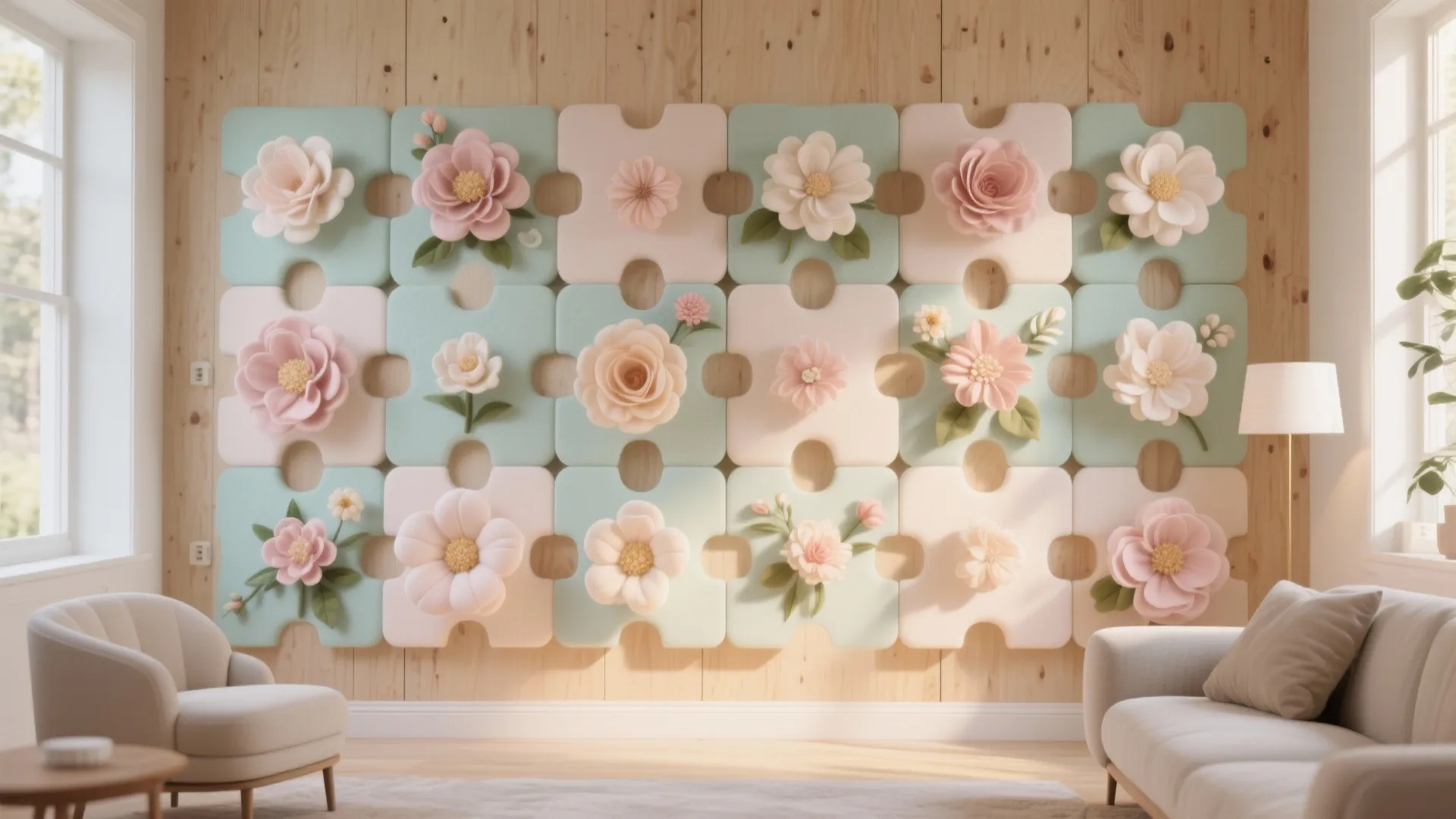 Pink and green flower wall panels on wood wall in living room with white sofa