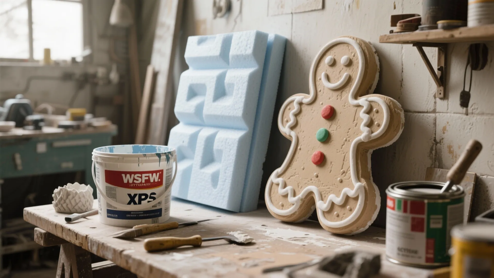 Gingerbread man figure sitting on a workbench next to blue foam panels and paint cans
