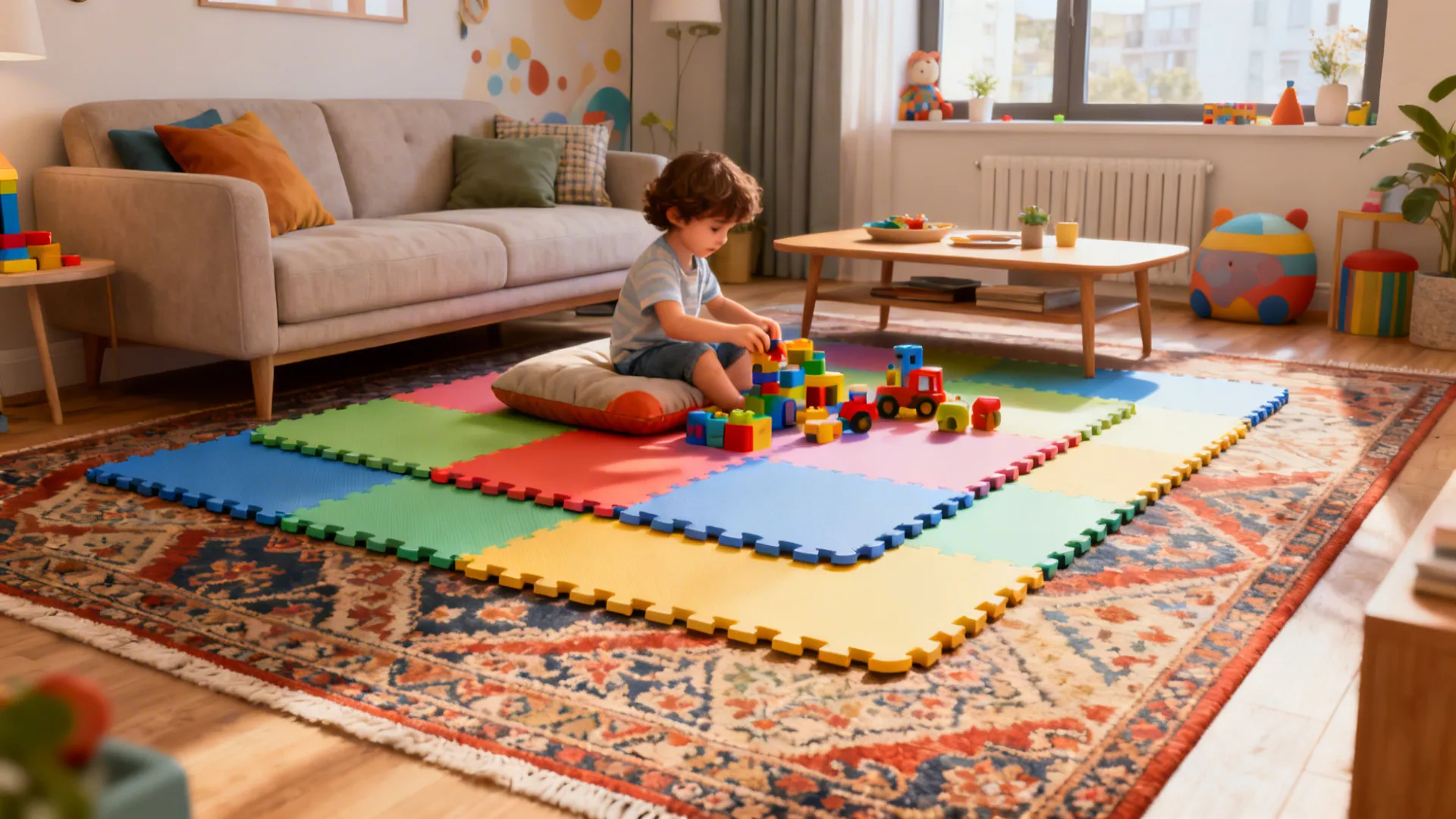 Living area with foam play mats layered under a decorative rug, showing a cushioned play zone.