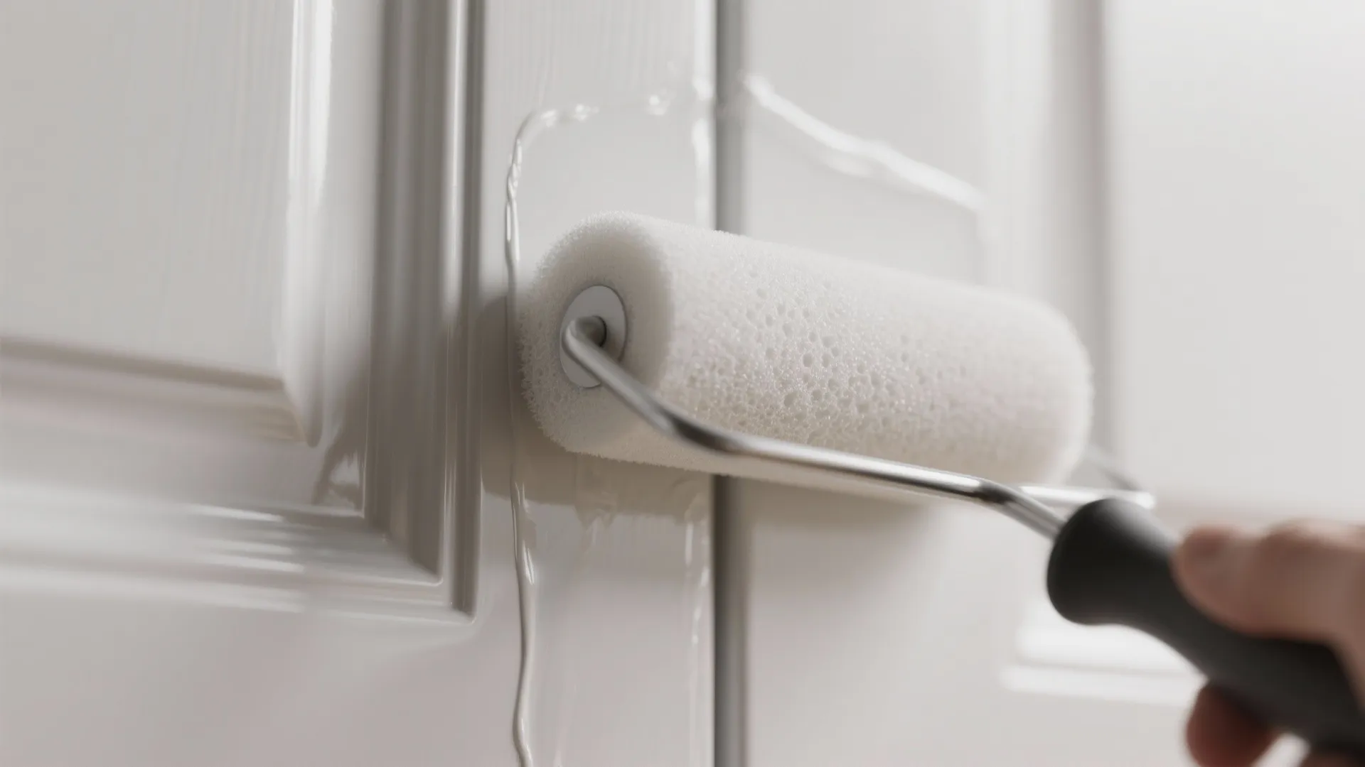 Close up view of a foam roller applying white glossy paint to a wall panel