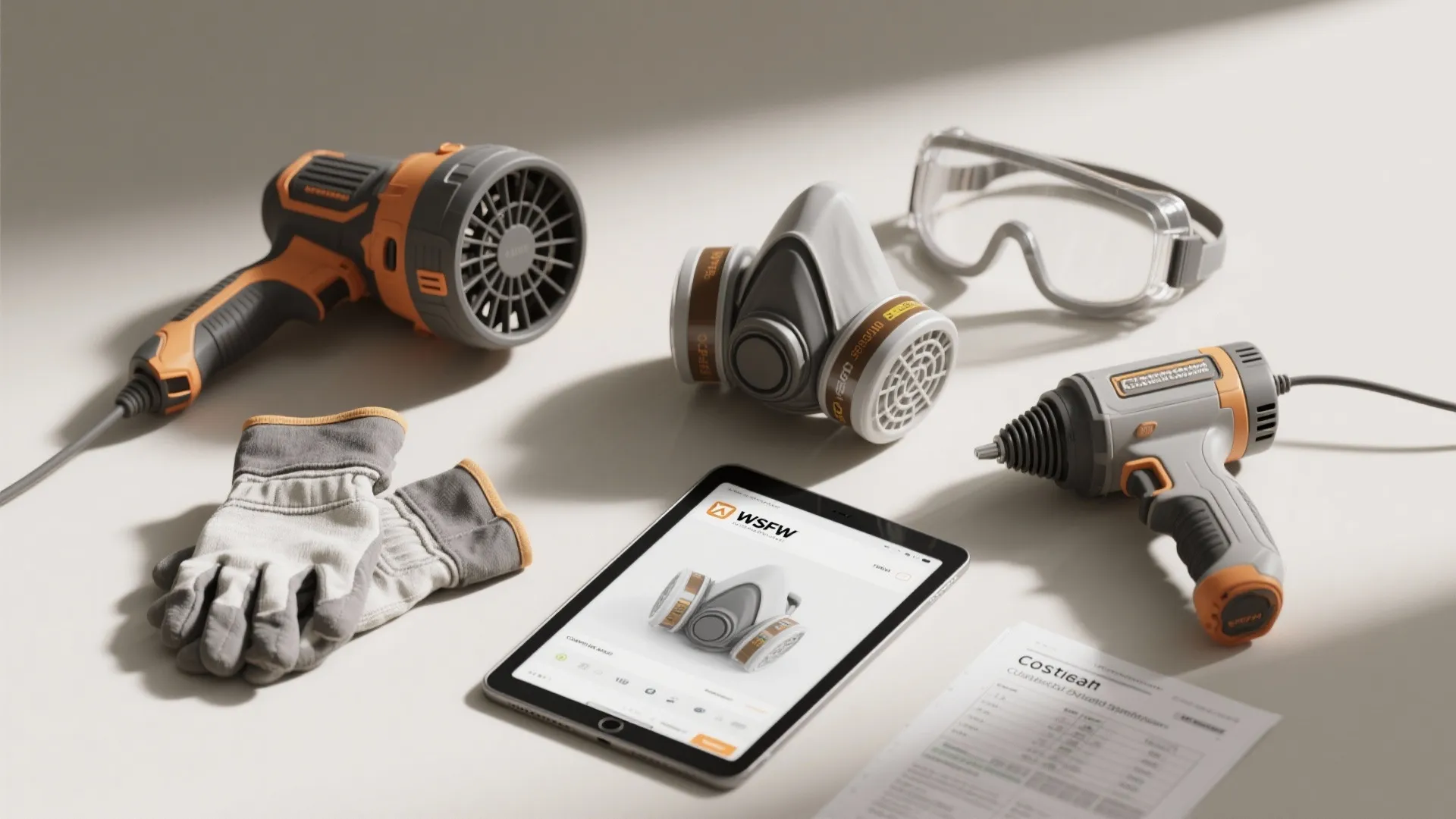 Work safety gear including face mask goggles gloves power tools and tablet with equipment app display