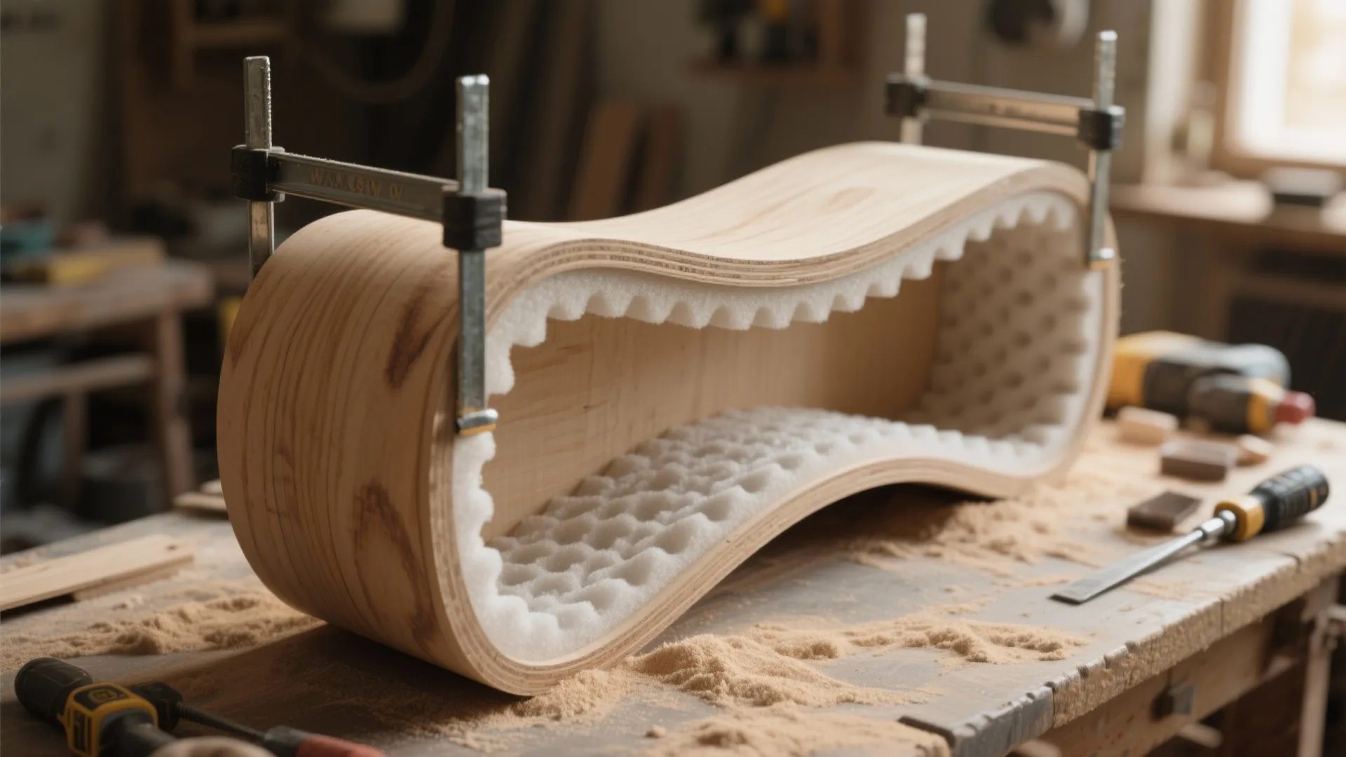 Close up of a curved wooden shelf being made with soft white foam padding inside