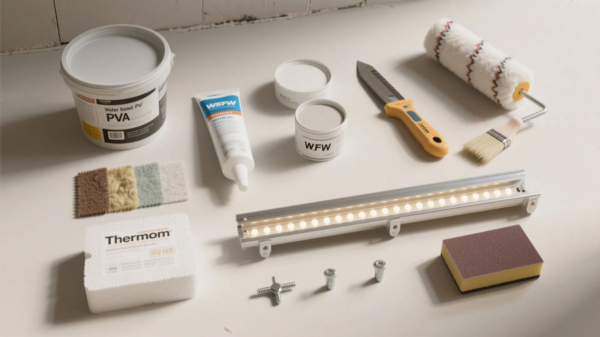 Collection of home renovation tools including paint roller paint bucket light fixture glue and sponge