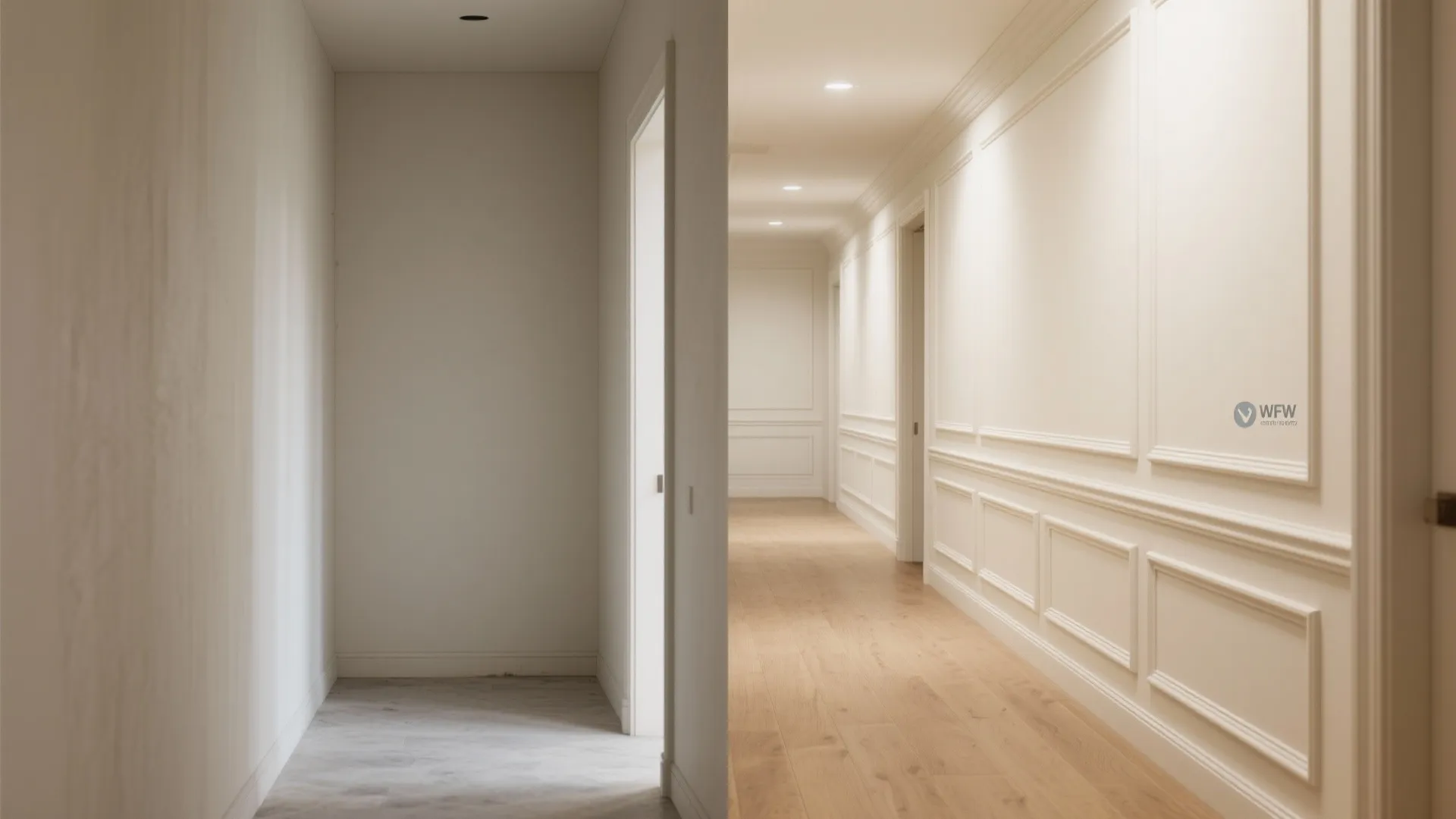 Before and after comparison of plain white hallway walls versus decorative classic white wall panel design