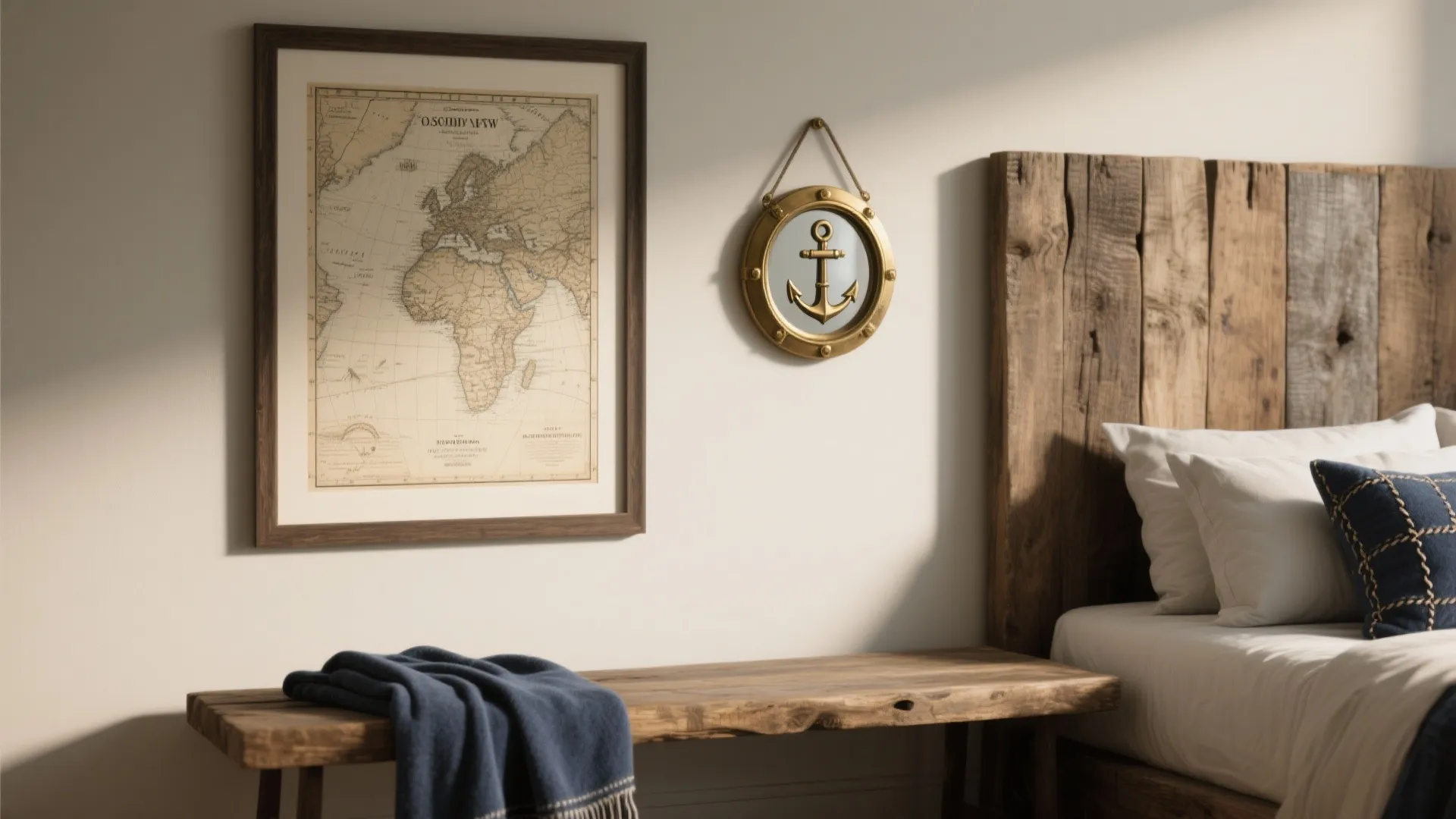 Bedroom wall with world map anchor mirror and wooden bed headboard with blue throw blanket