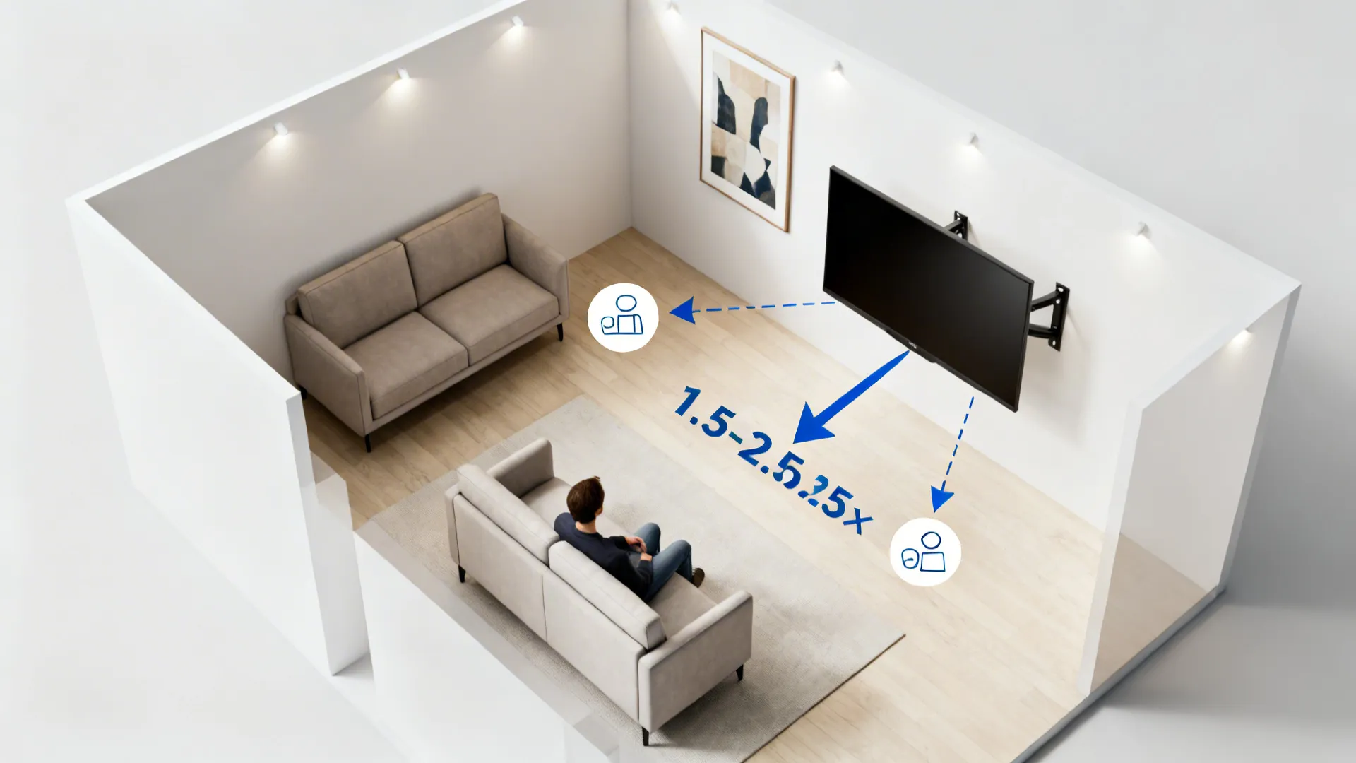 Top-down plan illustrating sofa alignment to TV, art, or window view with clear viewing angles.