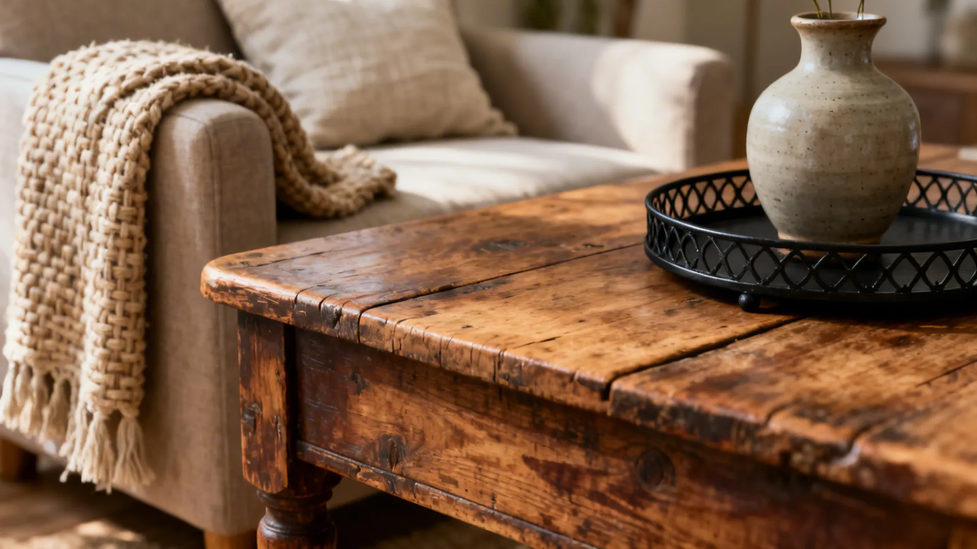 Vintage wooden coffee table with woven throw and black metal tray in neutral living room