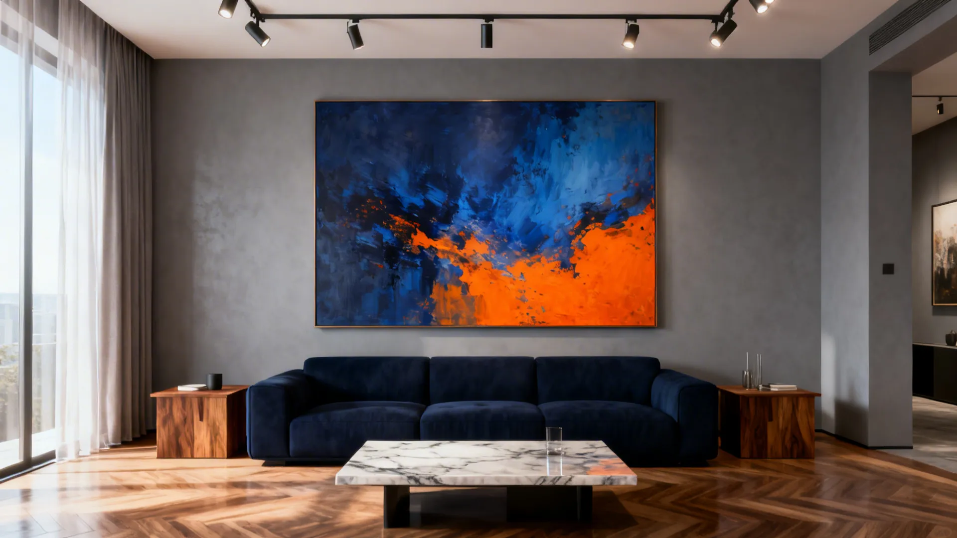 Oversized abstract art combining blues and oranges above a navy sofa as the room's focal point.