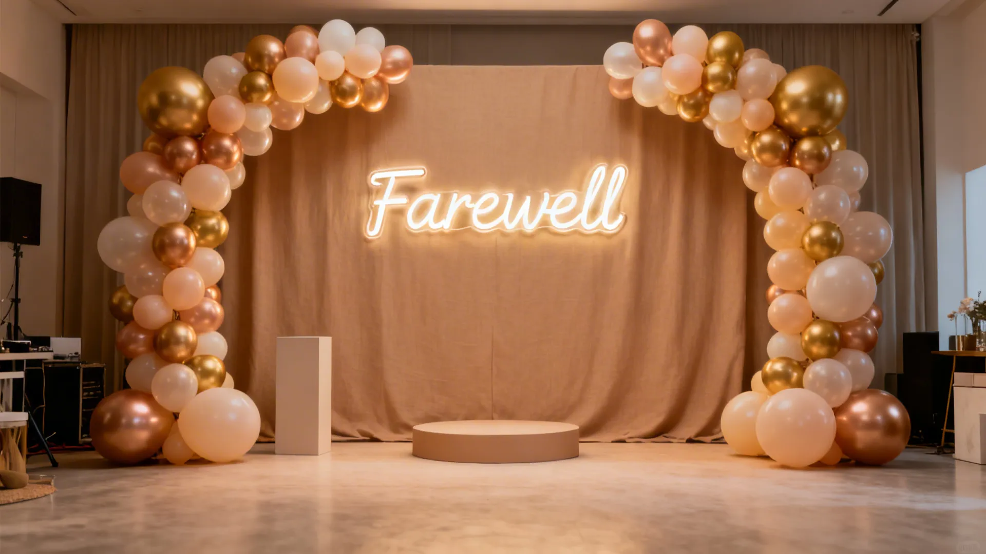 Neutral fabric backdrop with a simple neon word and a two-tone balloon arch with champagne gold accents.