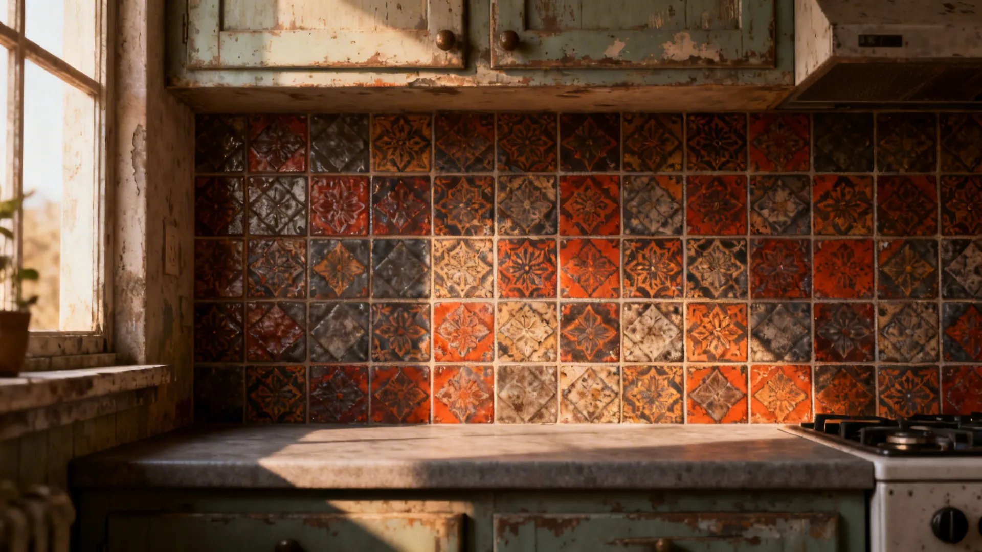 Small kitchen with a bold backsplash that draws the eye and complements the counters