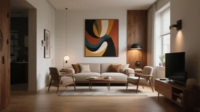 Modern Living Room with Wood Accent & Bold Art