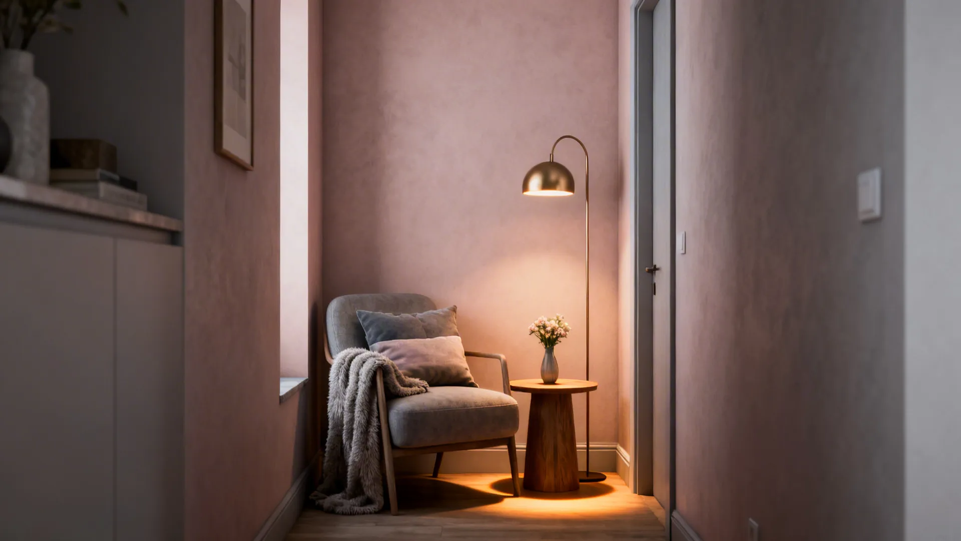 Small apartment cozy focal corner with a chair, pillows, side table, vase and warm lamp.
