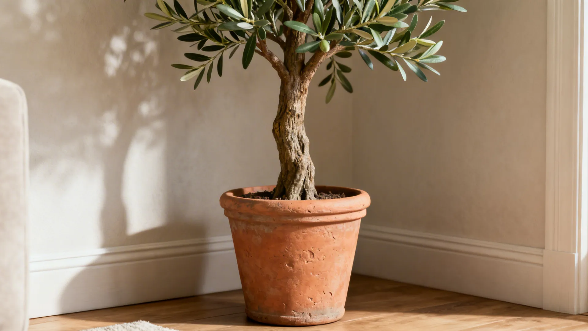 Close up of olive tree in clay pot on wood floor in a sunny corner