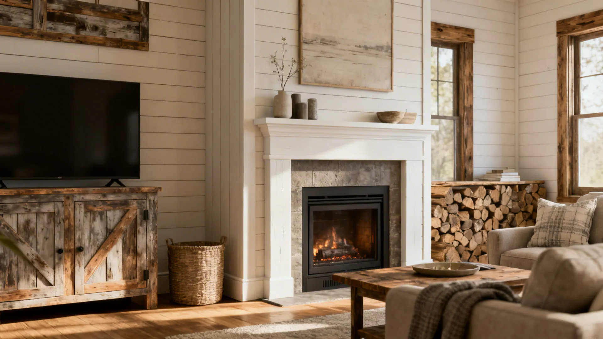 Small living room with narrow vertical fireplace and half-height shiplap focal wall in rustic modern farmhouse style.
