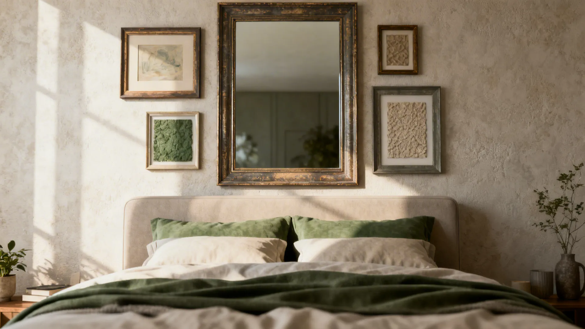 Bedroom gallery wall centered on a large artwork above the bed with coordinated smaller frames.