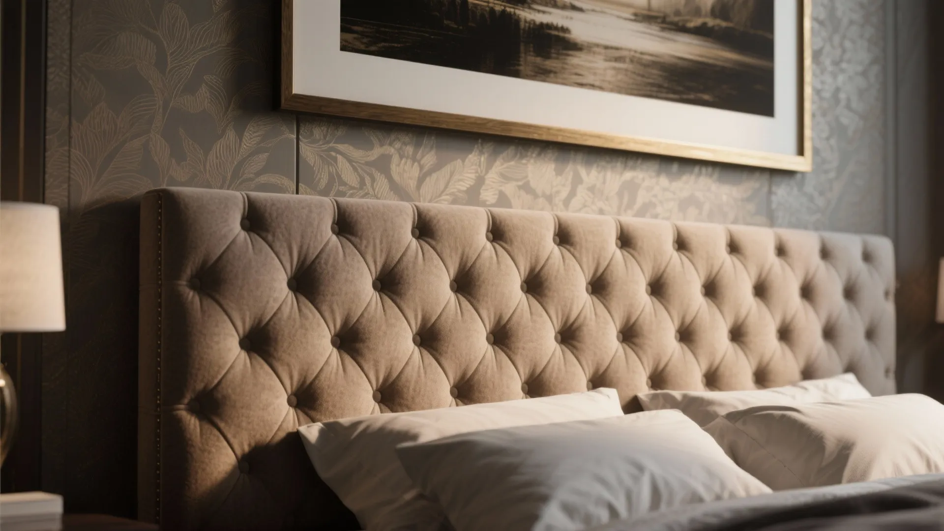 Tufted beige headboard with white pillows next to a lamp and wall with framed art