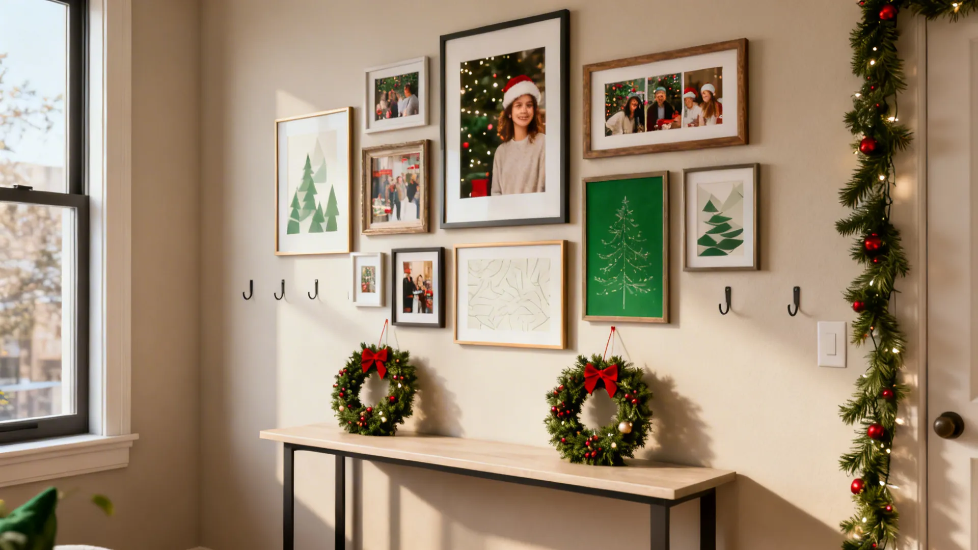 Narrow console under a gallery of small wreaths and photos creating a festive focal wall