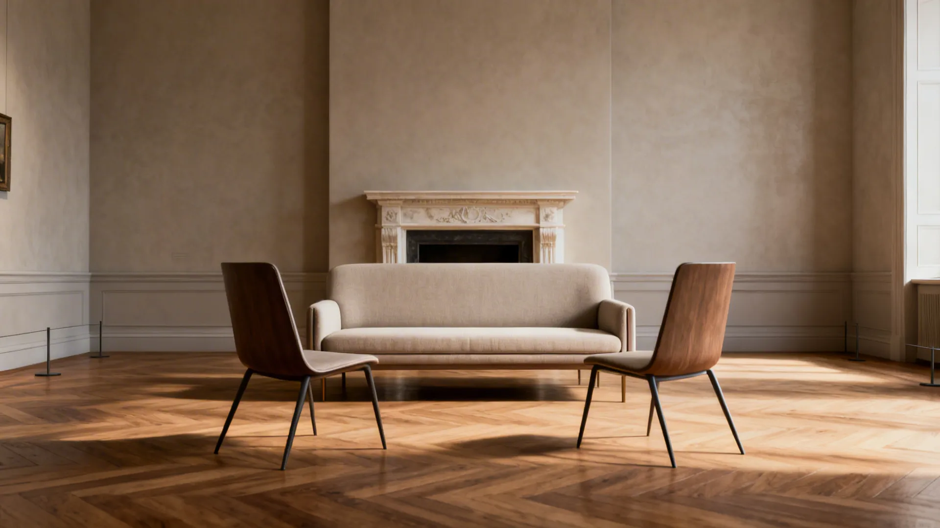 Intimate seating layout around a fireplace with compact sofa and two slim chairs