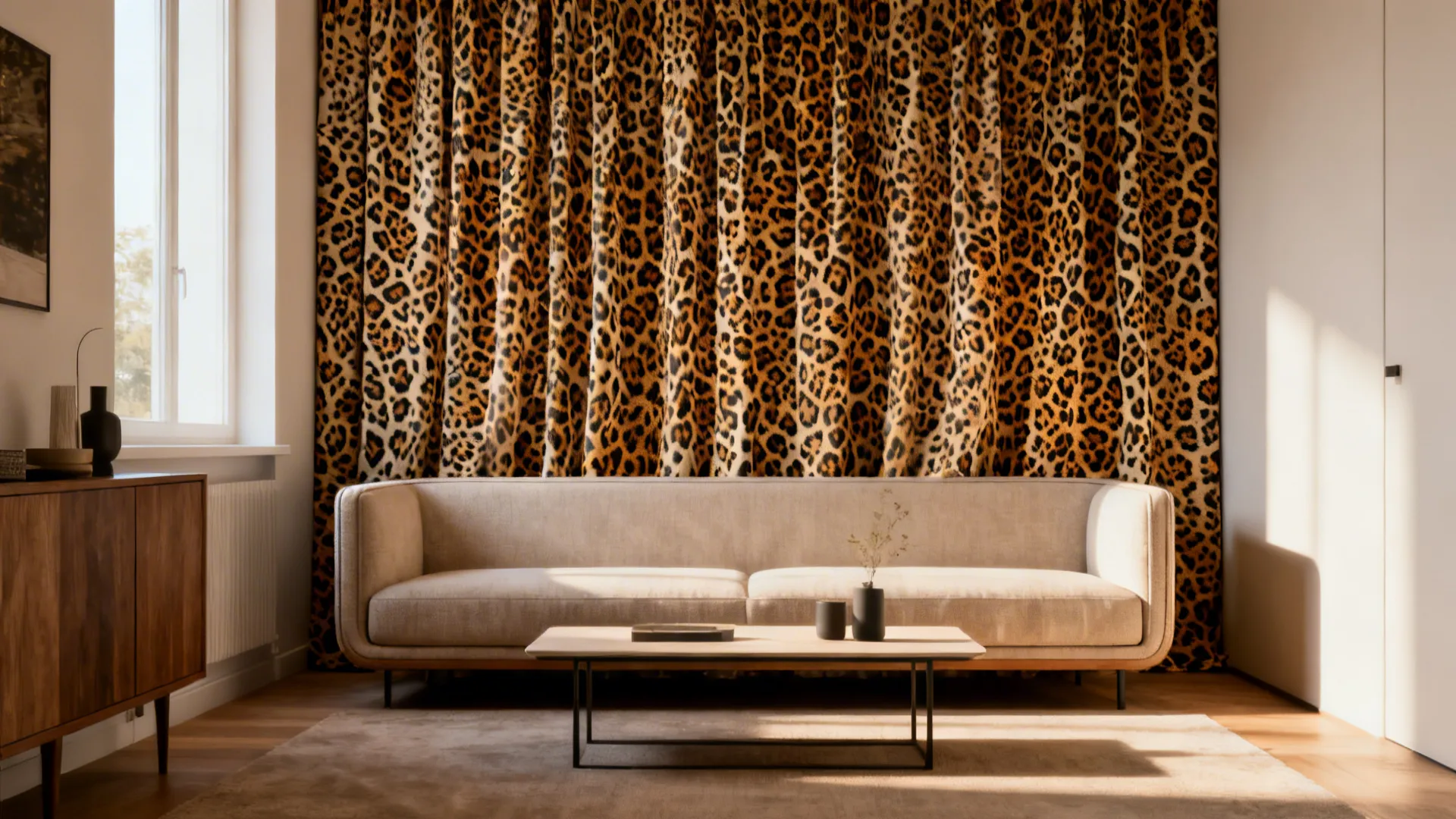 Small sofa with a leopard print curtain focal wall creating vertical emphasis.