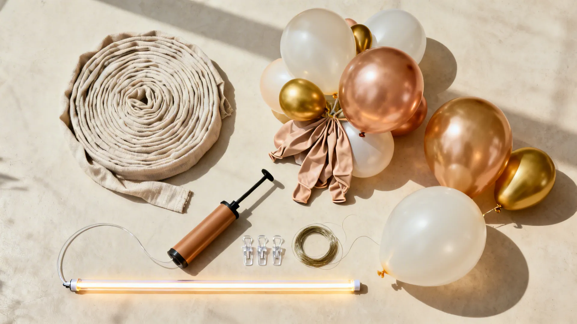 Flat lay of neutral fabric, two-color balloons with gold accents, a hand pump, clips, line, and a dimmable neon tube.