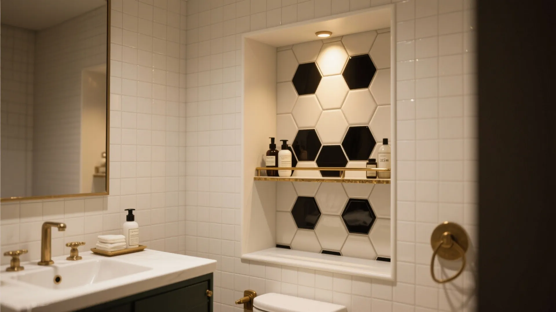 Modern bathroom with white wall tiles and wall niche featuring black and white hexagon pattern