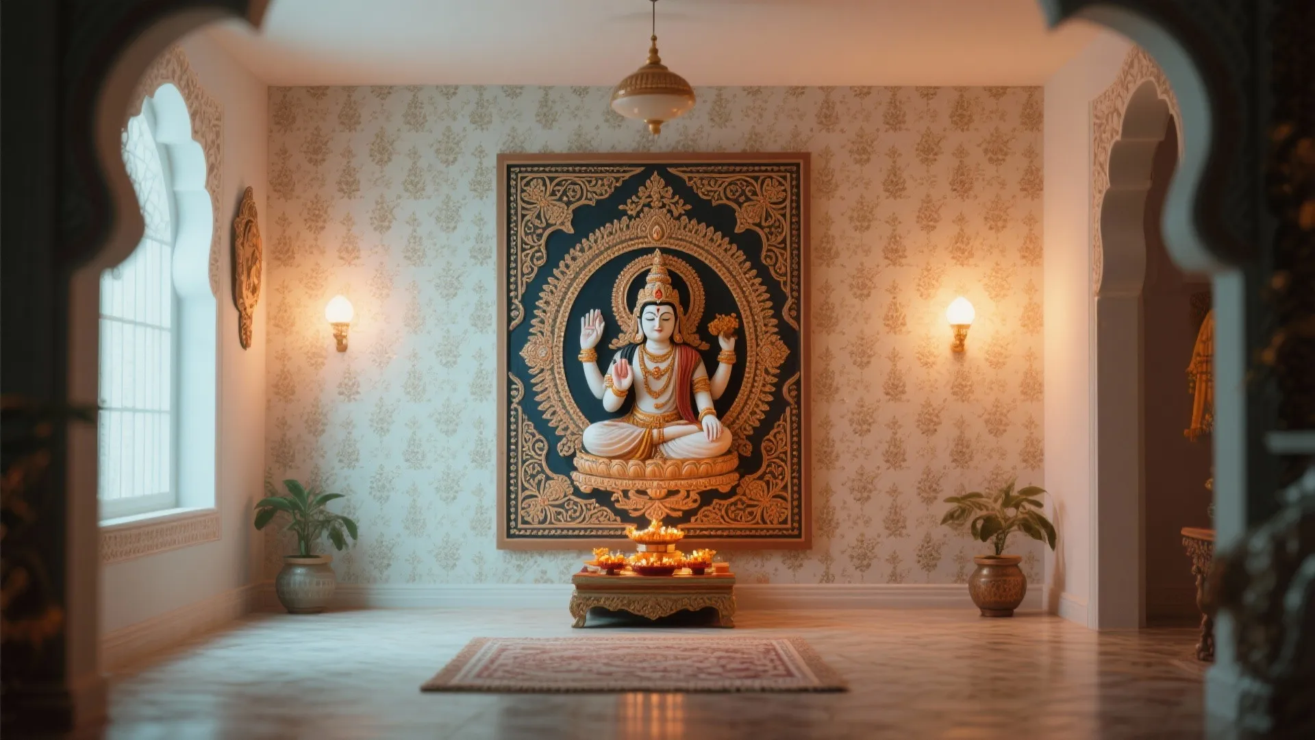 Elegant prayer room featuring deity wall art, floral wallpaper, wall lights, floor plants, and table