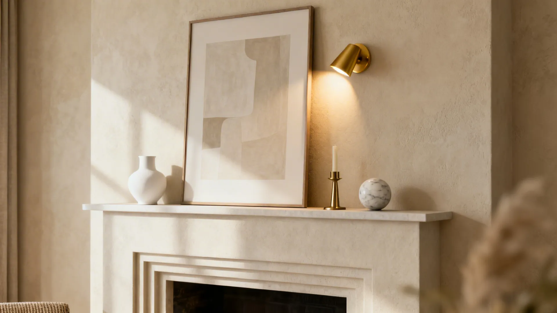 Close-up of a minimalist fireplace focal wall with framed art and curated accessories