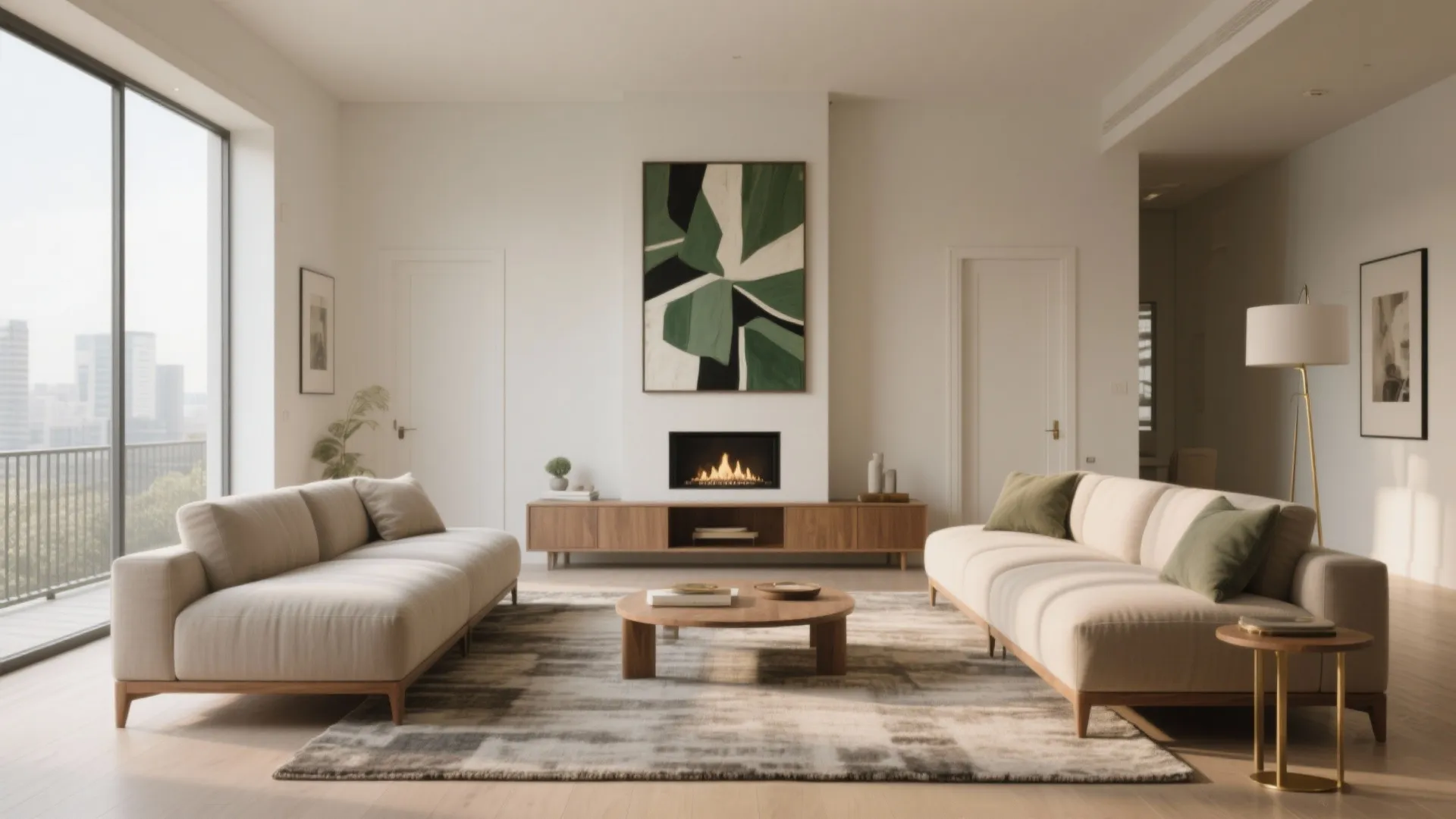 Spacious living room with two cream sofas round coffee table fireplace and green abstract wall art