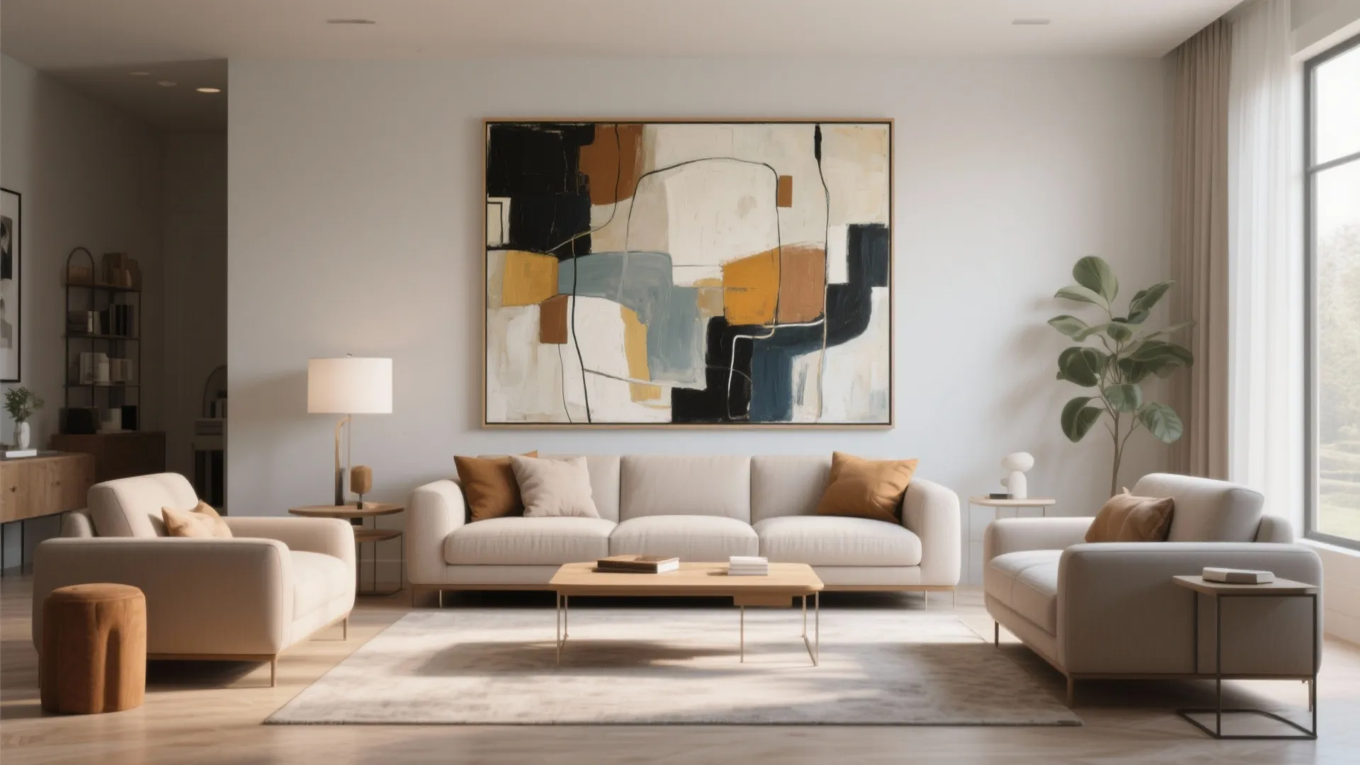 Beige sofa with wooden coffee table large abstract painting green plant and light wood flooring