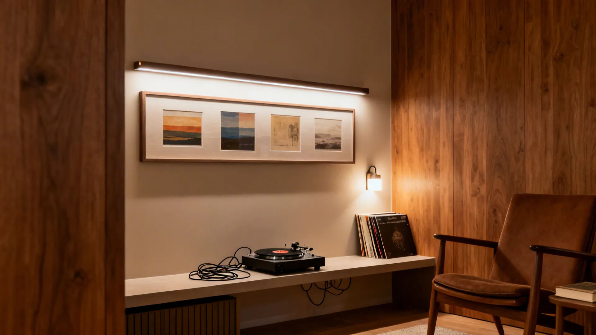 A picture rail with art and a compact vinyl setup defines a modern drawing room focal point.