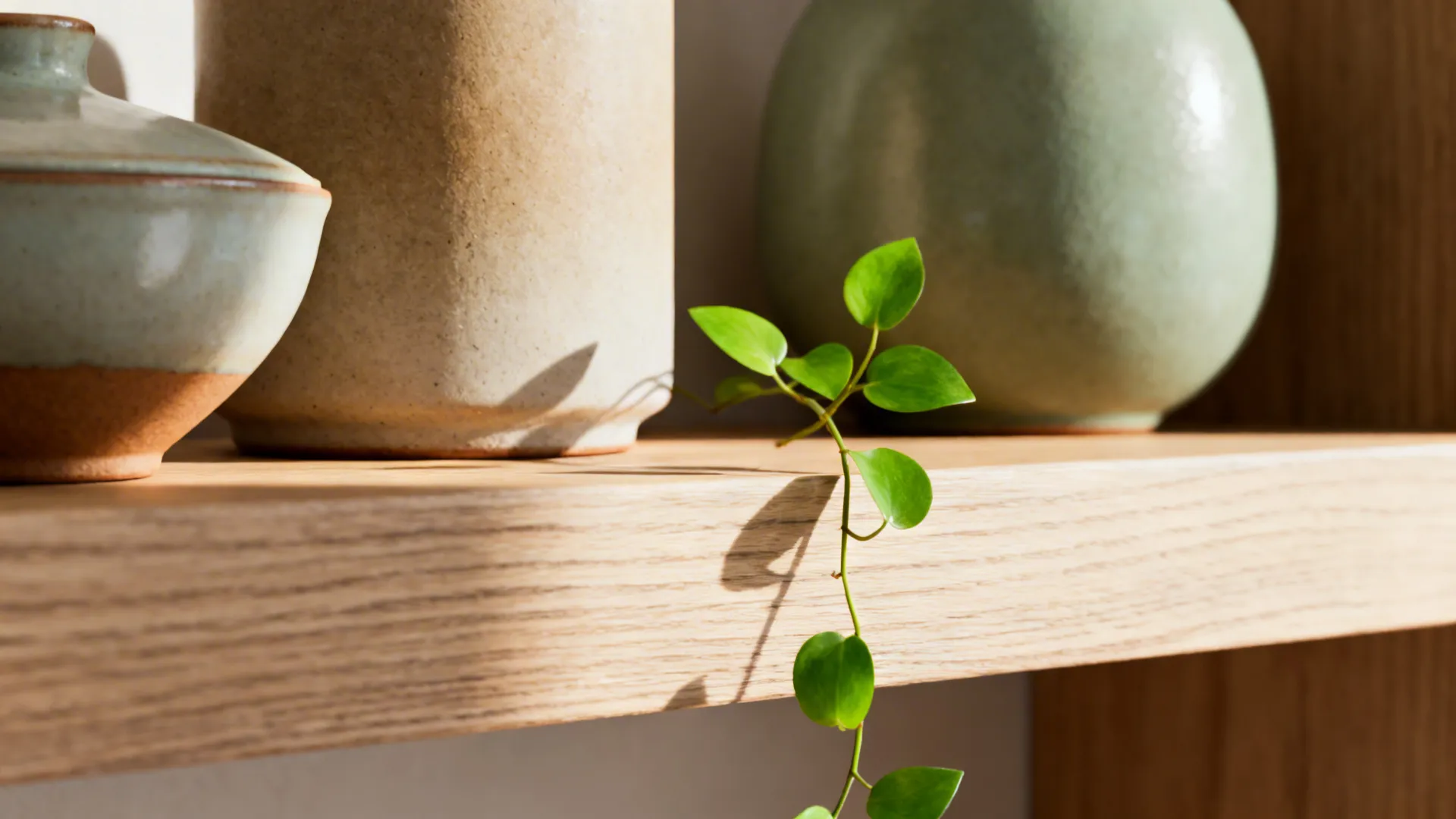 Curated low shelf with ceramics and a plant anchoring a small living room.