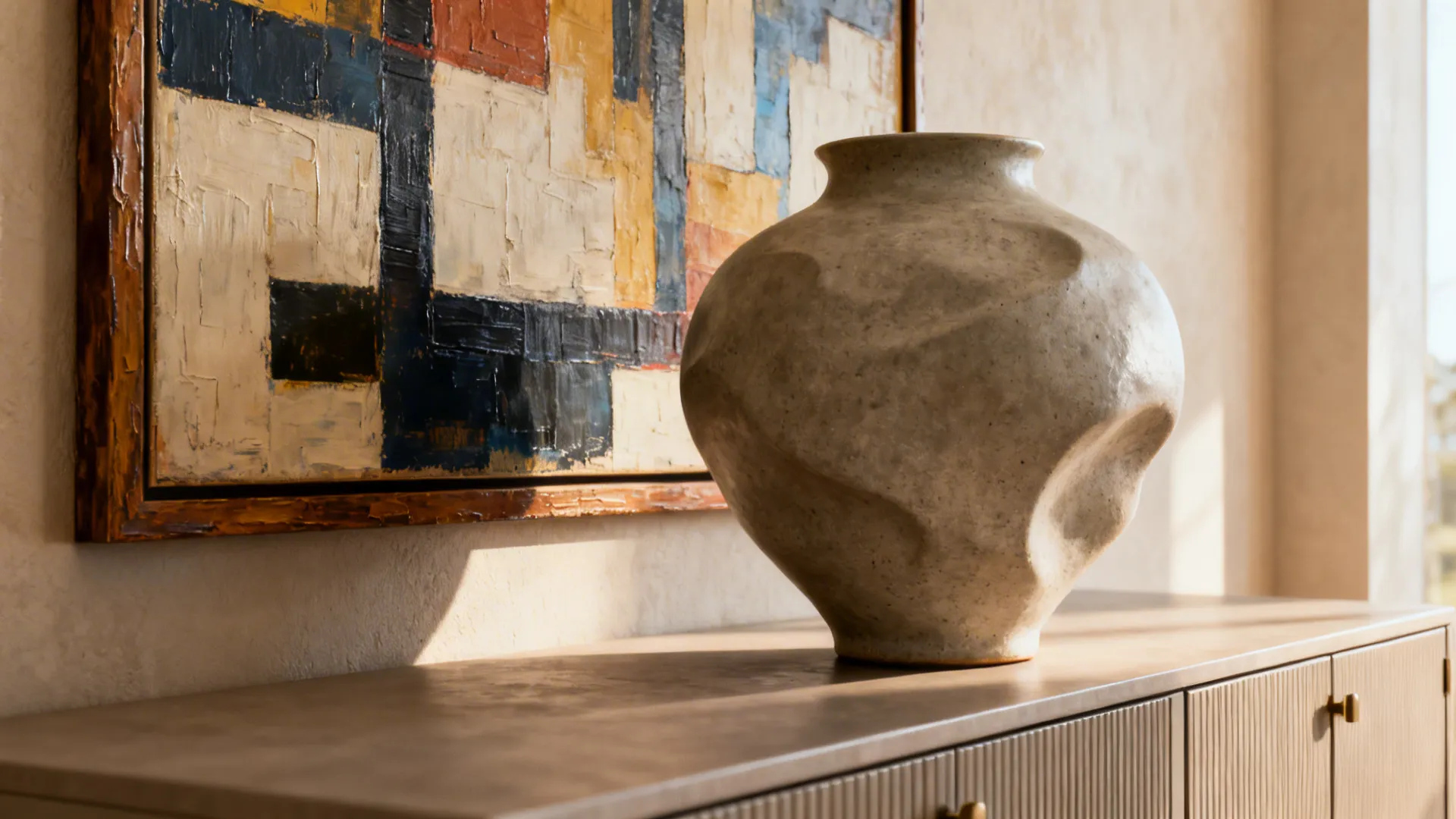 Close-up of a sculptural vase on a buffet with framed artwork as a strong focal point