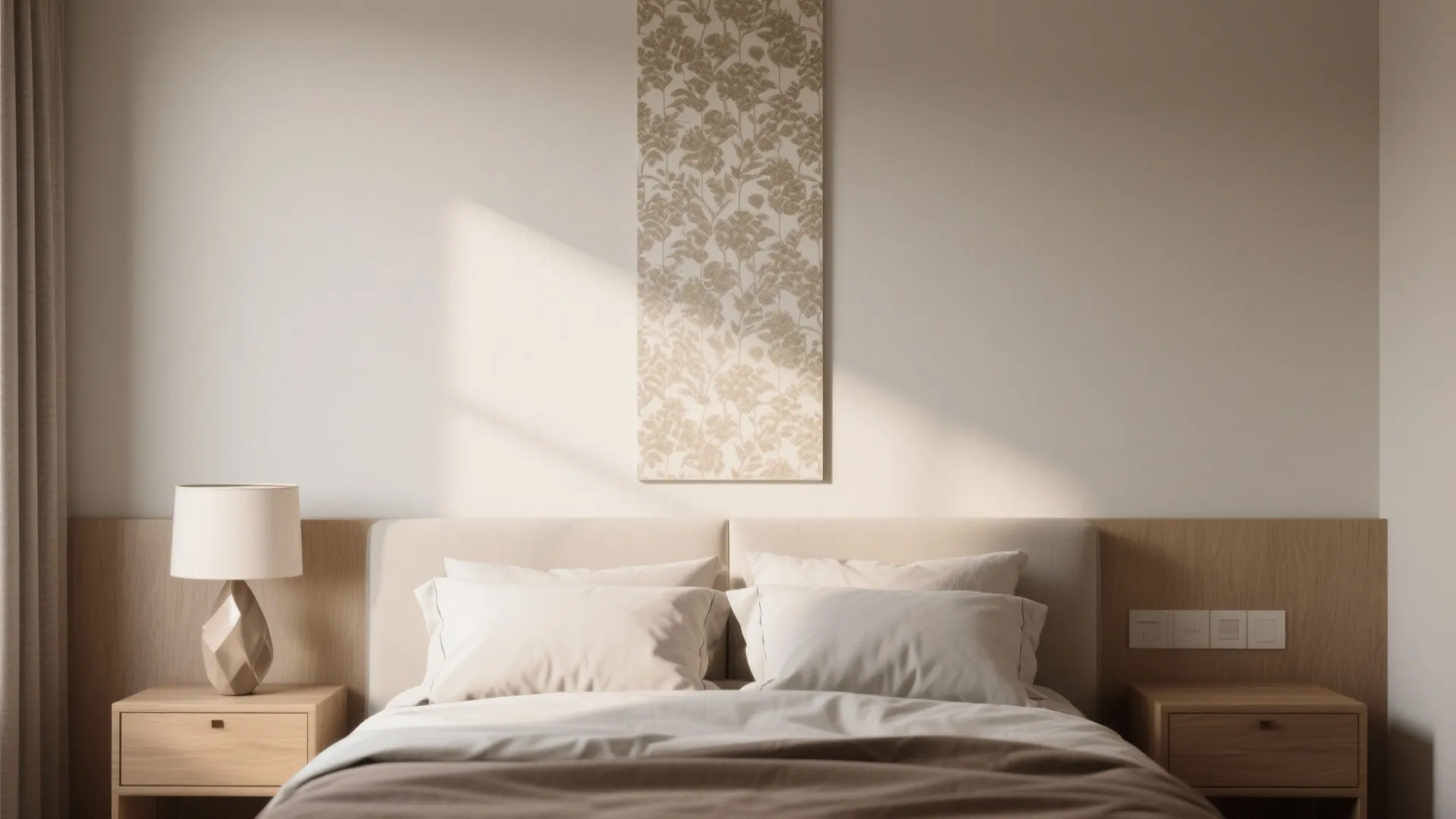 Modern bedroom with beige headboard, floral wall panel, wooden bedside table, and simple table light