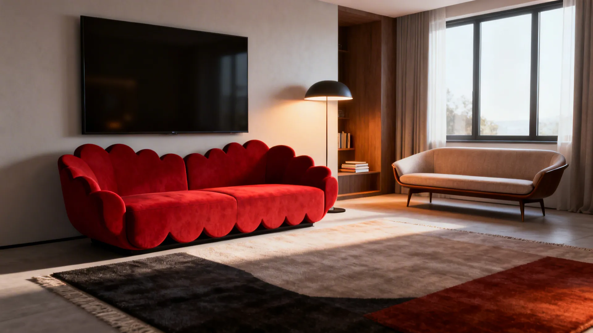 Bold scalloped sofa as focal point with a slim mid-century loveseat supporting in a cozy reading corner.