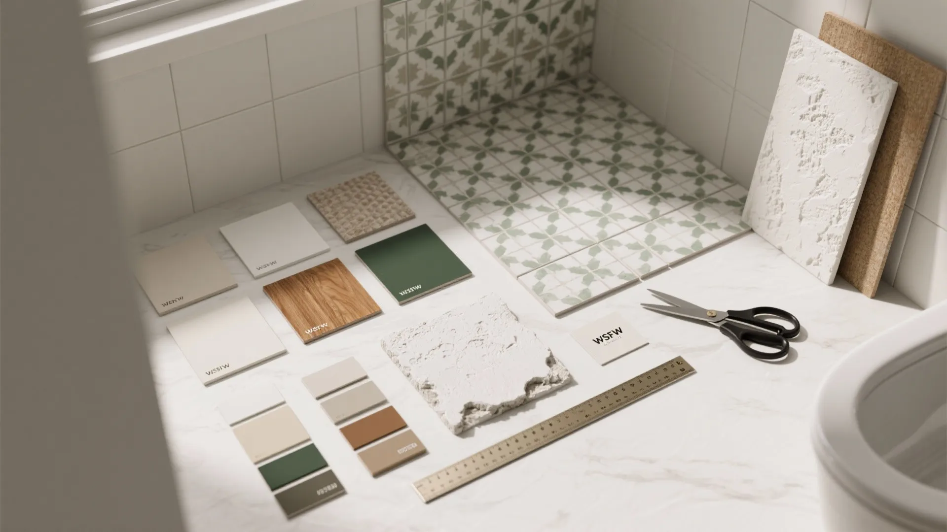 Bathroom renovation materials including green pattern tiles wood samples color swatches scissors and a ruler
