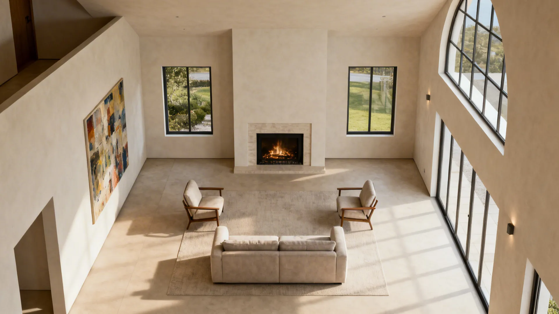 Top-down plan showing seating oriented to a fireplace focal point with art wall and window as accents.