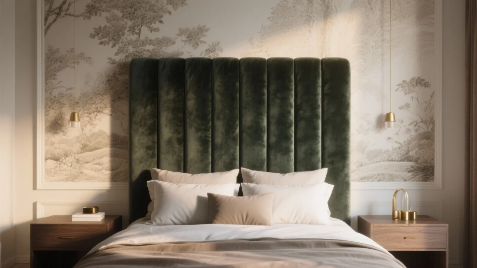 Modern bedroom with green vertical velvet headboard wood bedside tables and elegant landscape pattern wall panel