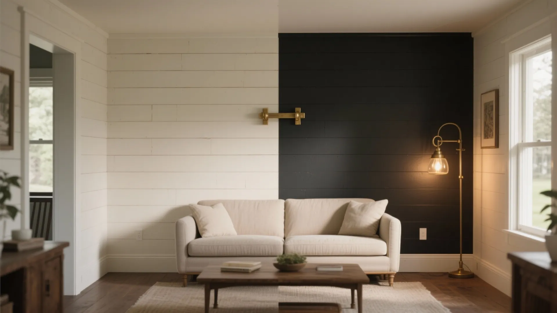 Interior design drawing showing a living room with half white and half black wall panels