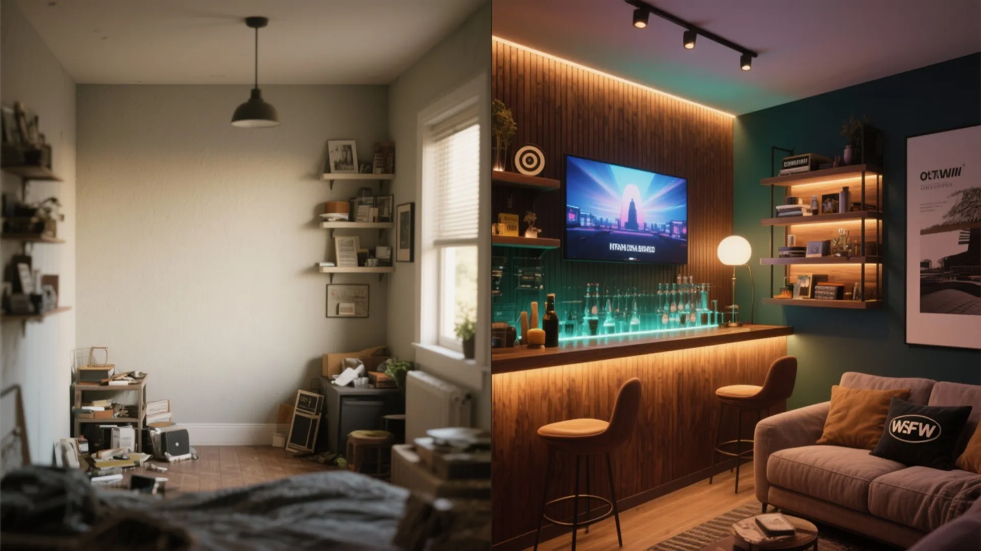 Before and after of a tiny room transformed by a single focal wall with curated shelving and accent paint.