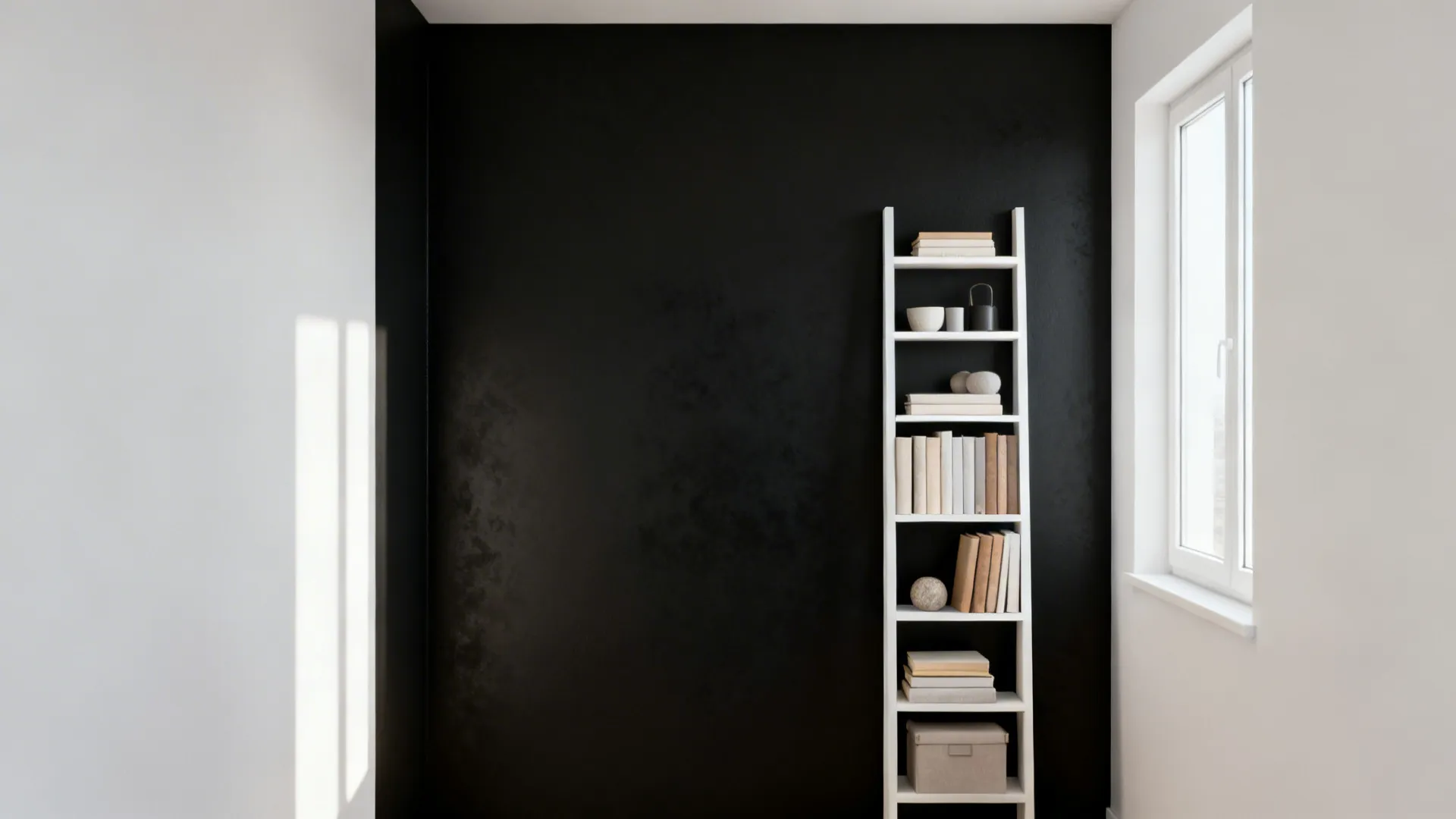 Modern room featuring a black focal wall with white ladder bookshelf books and window light
