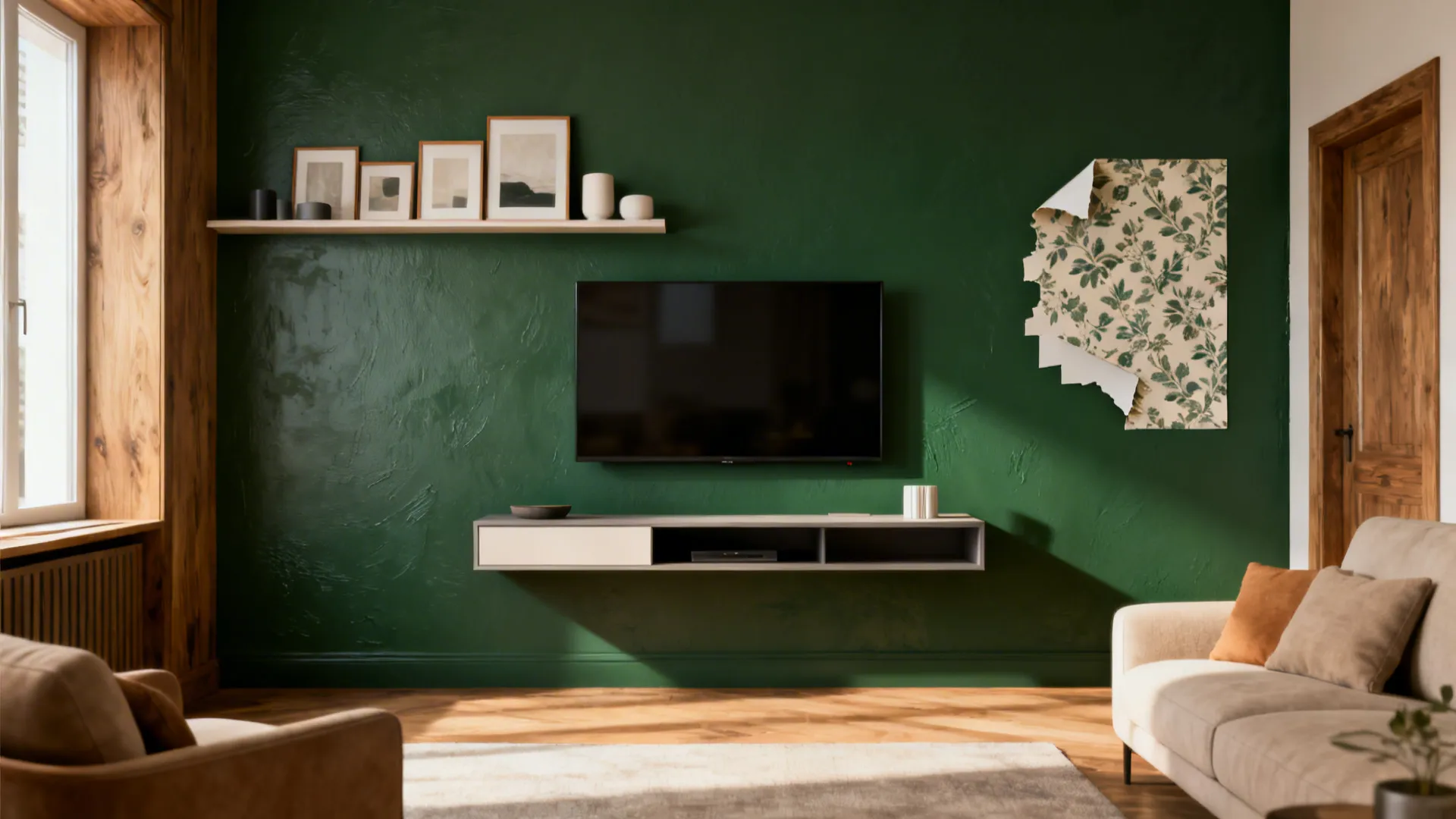 Deep green accent wall behind a floating media unit anchoring a small living room.