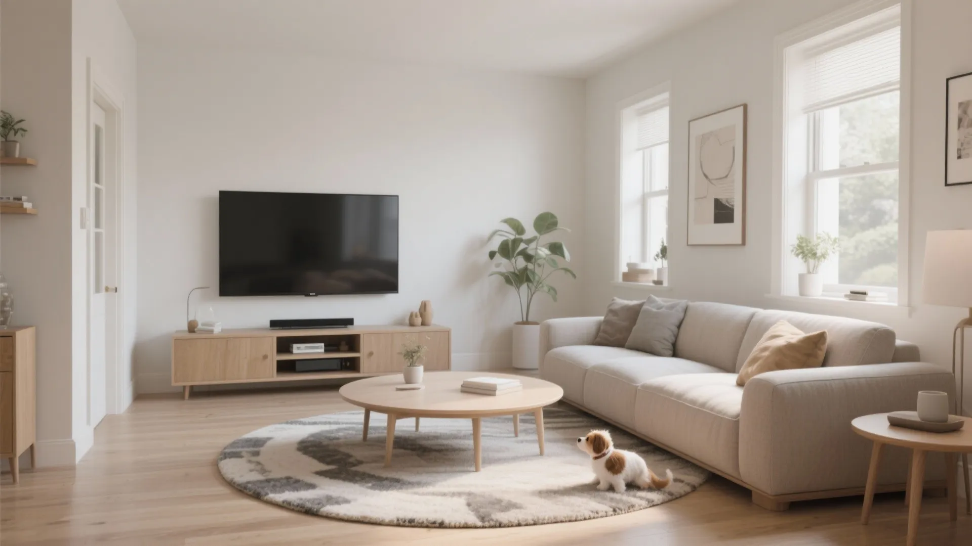 Sectional centered on the TV focal wall with an oval coffee table.