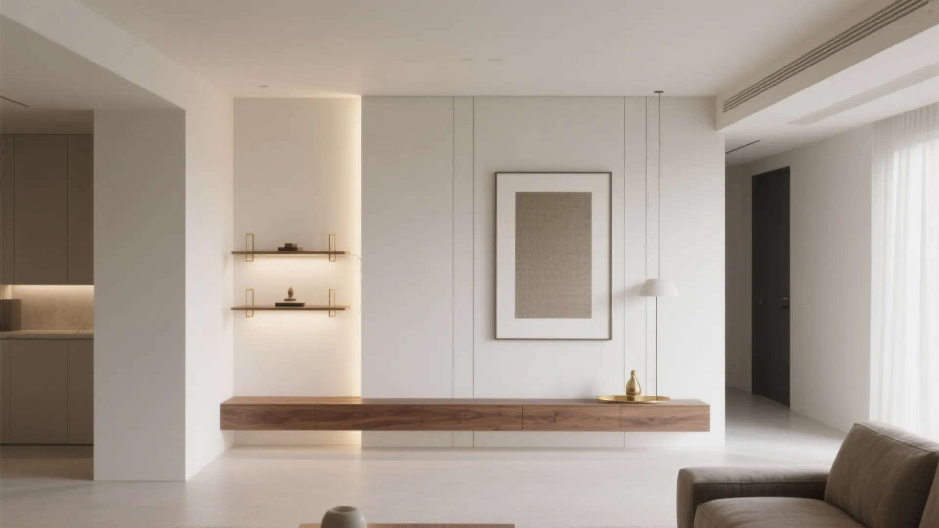 Modern focal-wall altar with art and a soft glow