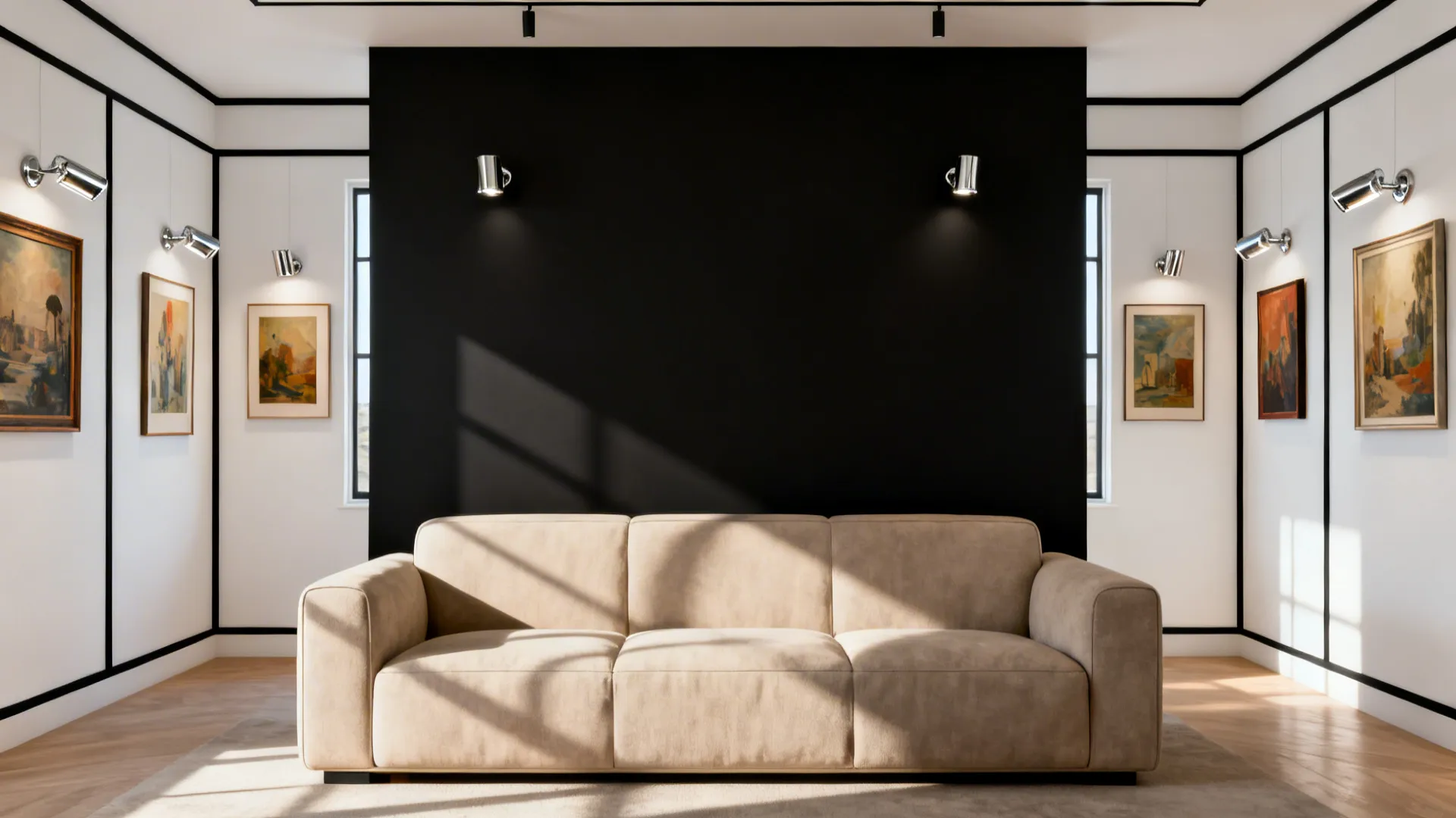 Sofa anchored by a single matte black focal wall with white surrounding walls and black trim.