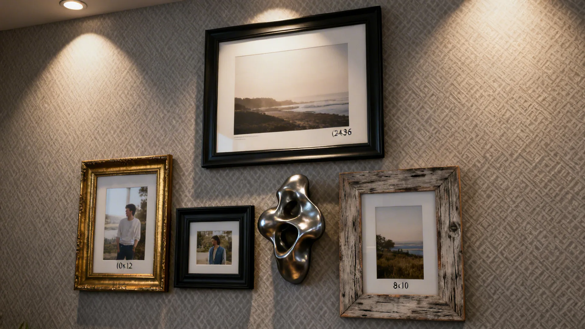 Curated focal wall with mixed framed art, a sculptural object, and textured removable wallpaper