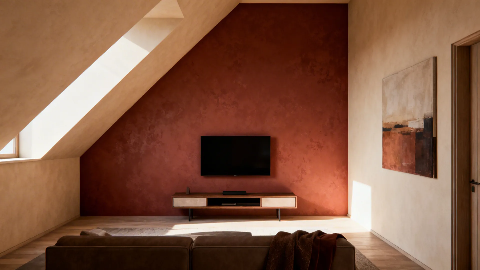 Attic living room featuring red accent wall, flat screen TV, wooden cabinet, sofa, and window