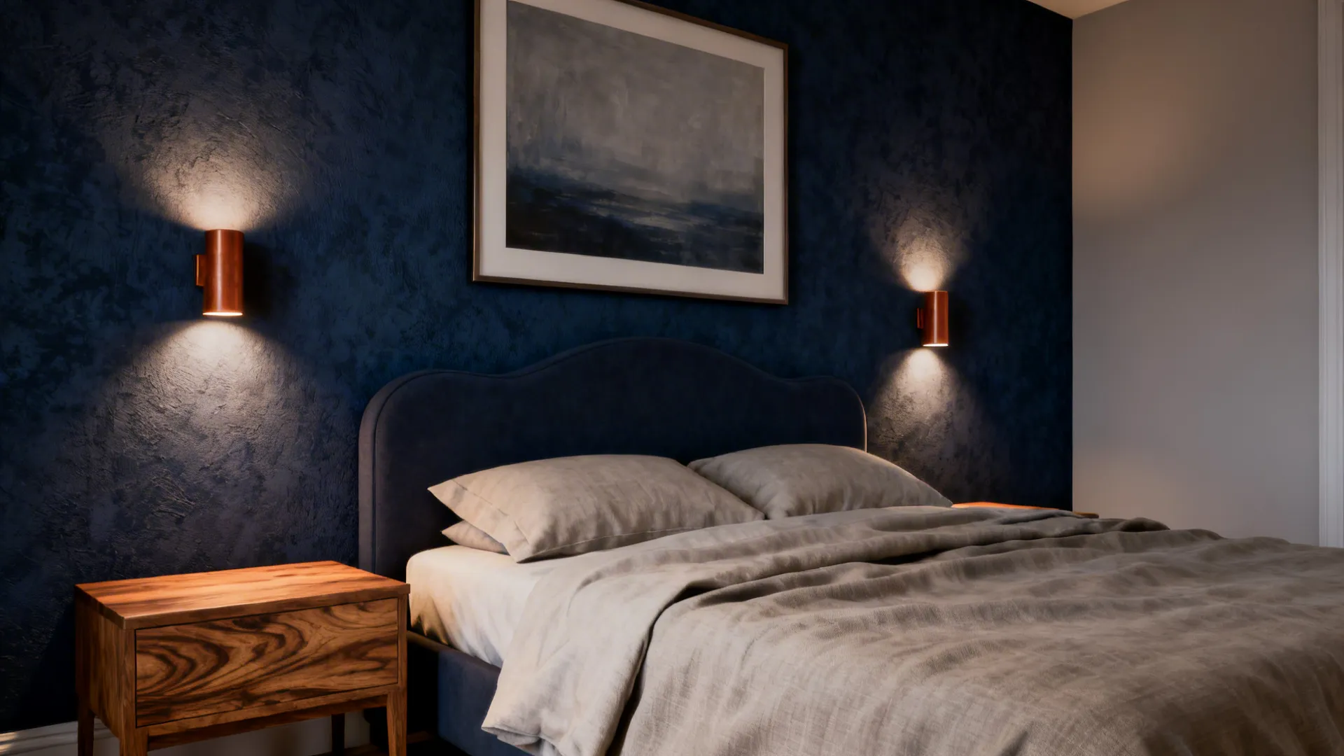 Bed against a deep navy textured focal wall with warm sconces and natural wood nightstand.