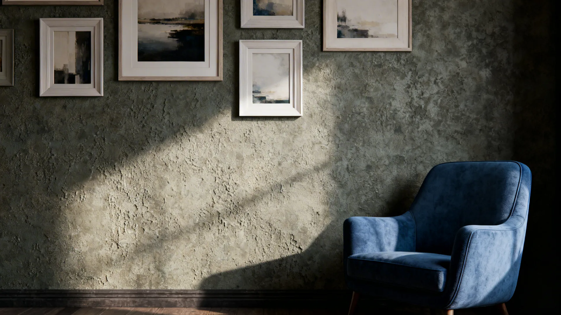 Blue chair positioned against a muted textured focal wall with framed artwork
