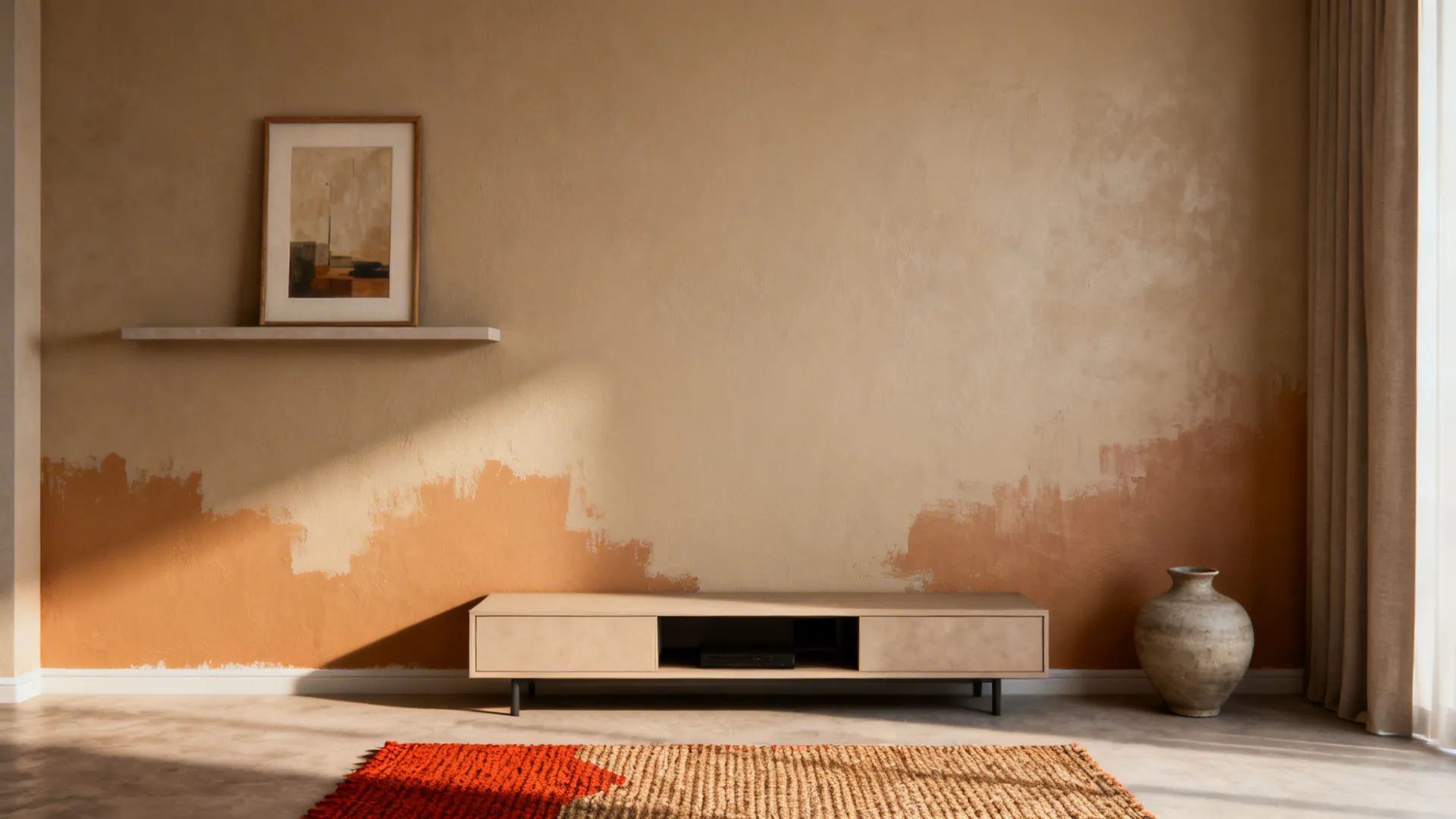 Curated focal wall with painted accent, floating shelf, and framed art in a small living room