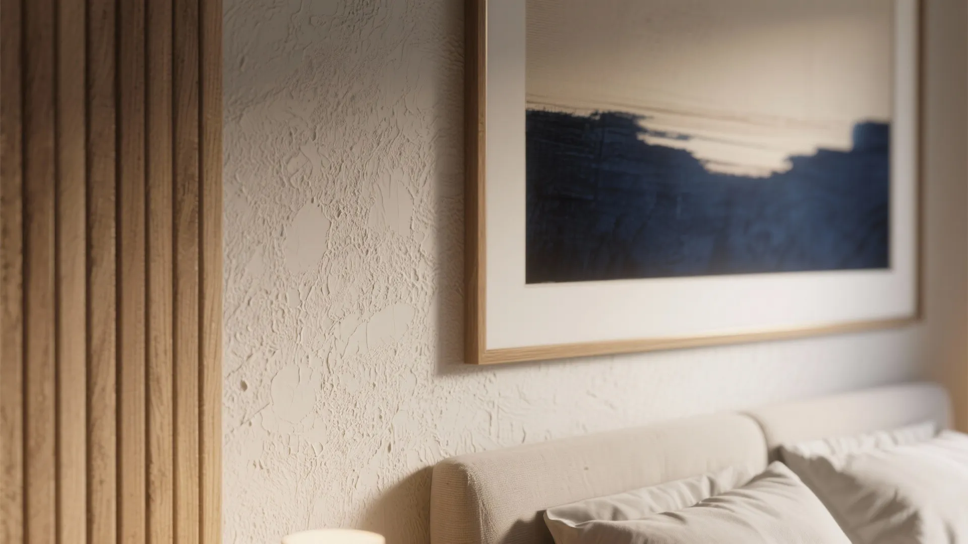 Close-up of a textured accent wall and museum-quality framed artwork showcasing paint and wood grain details